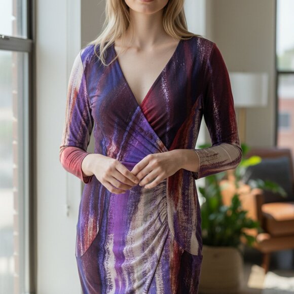 Dana Buchman Dresses & Skirts - Dana Buchman Purple and Red Sheath Dress with Plunge Neckline
